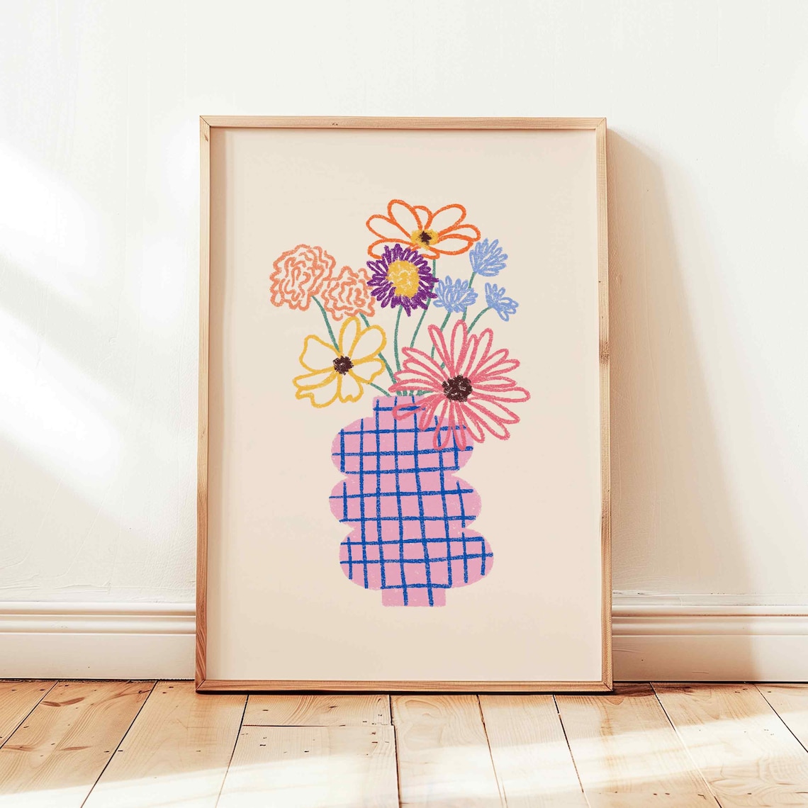 Flower Vase Print, Retro Pastel Floral Art
