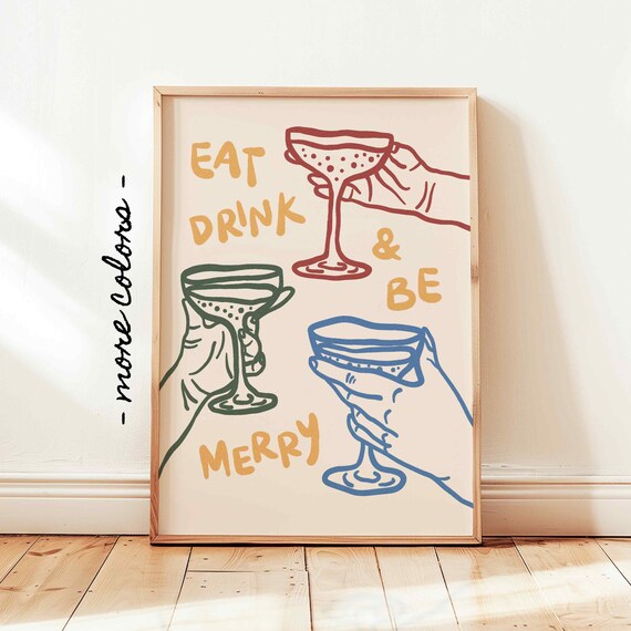 Eat Drink And Be Merry Cocktail Cheers Hand Drawn Christmas Poster