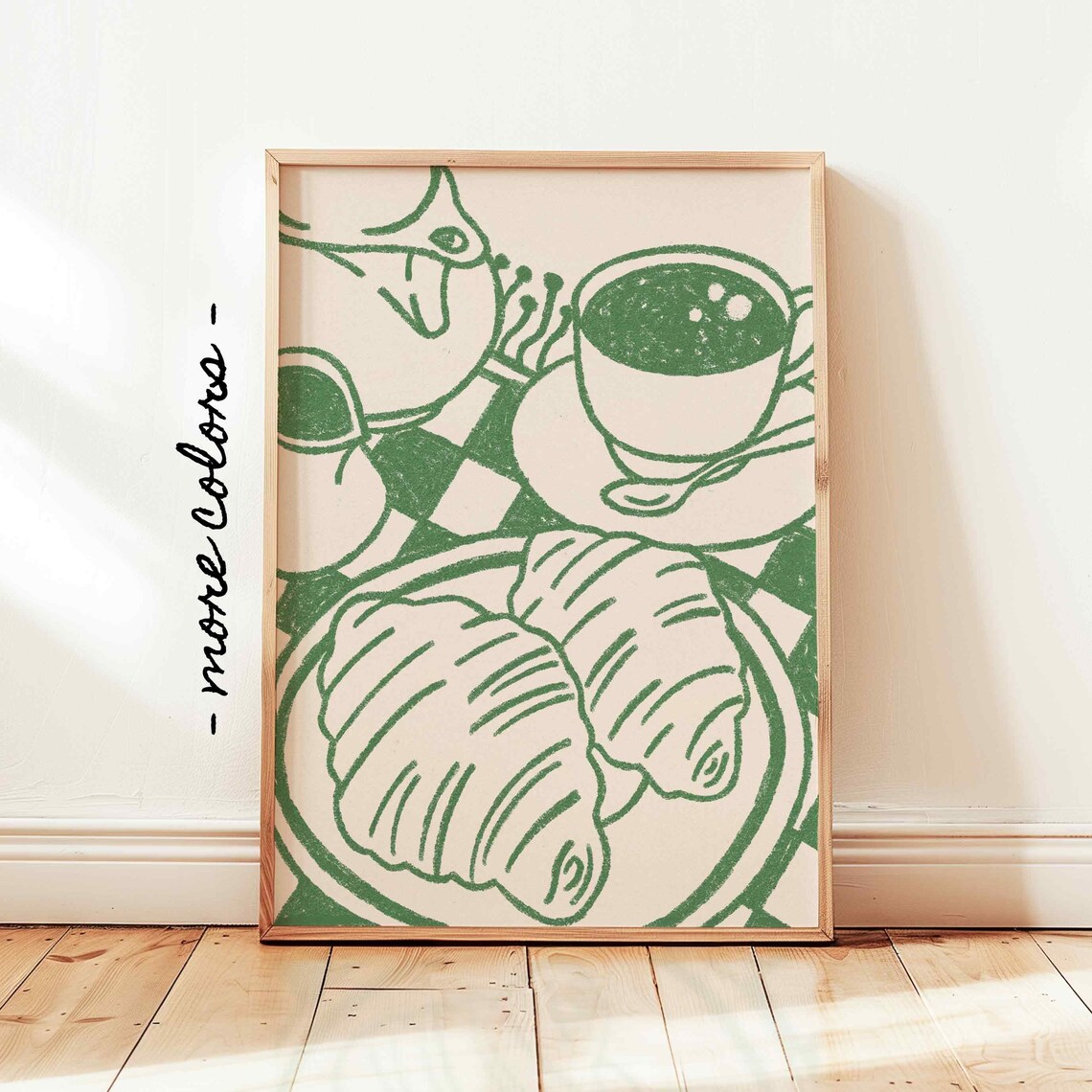 Paris Cafe Croissant Coffee Green Line Art French Kitchen Poster