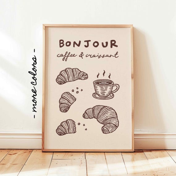 Coffee Croissant Print Hand Drawn Coffee Poster Coffee Lover Gift French Paris Cafe Art Vintage Food Print Retro Minimal Kitchen Art
