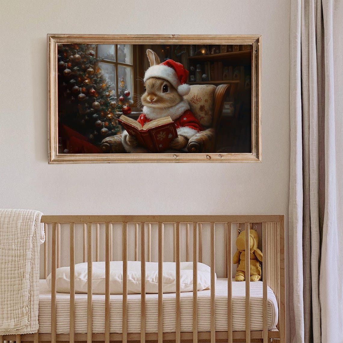 Cozy Bunny Reading Book Christmas Tree Fireplace Holiday Wall Art - Image 2