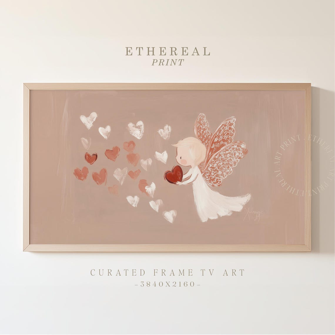 Minimalist Angel With Lace Wings Holding Heart Blush Art Print