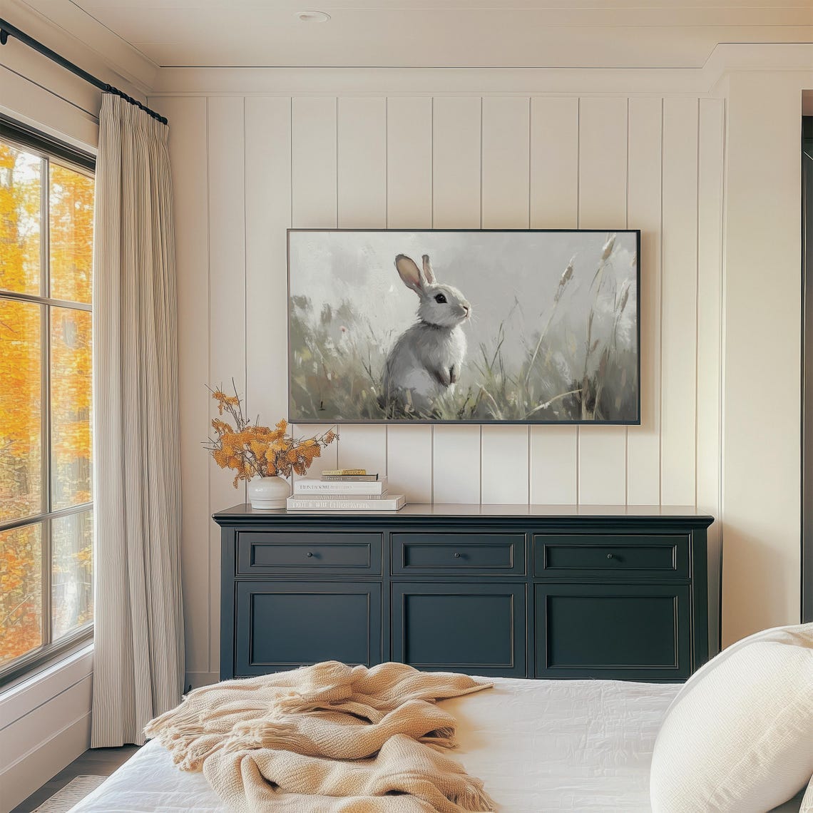 Vintage White Rabbit Sitting In Tall Grass Painterly Animal Print - Image 2