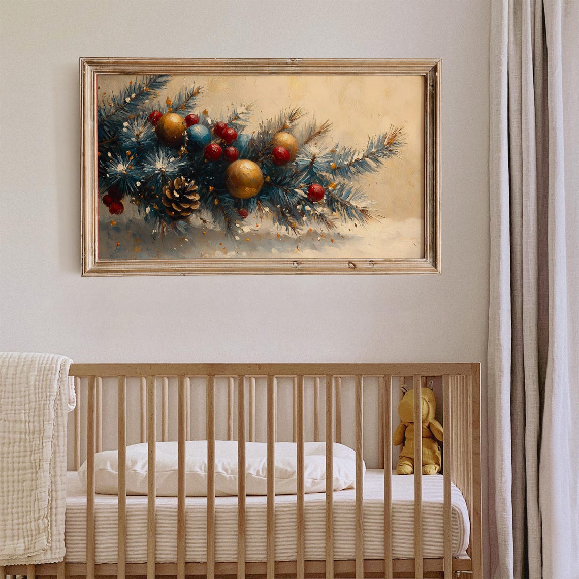 Snowy Pine Branch Ornaments Berries Festive Painting Wall Art - Image 2