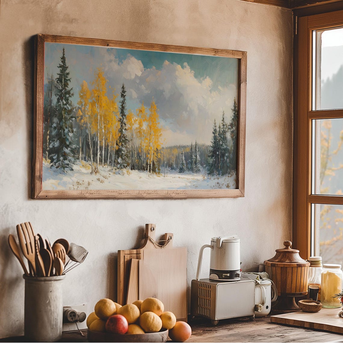 Golden Birch Trees Snowy Winter Landscape Oil Painting Wall Art - Image 2