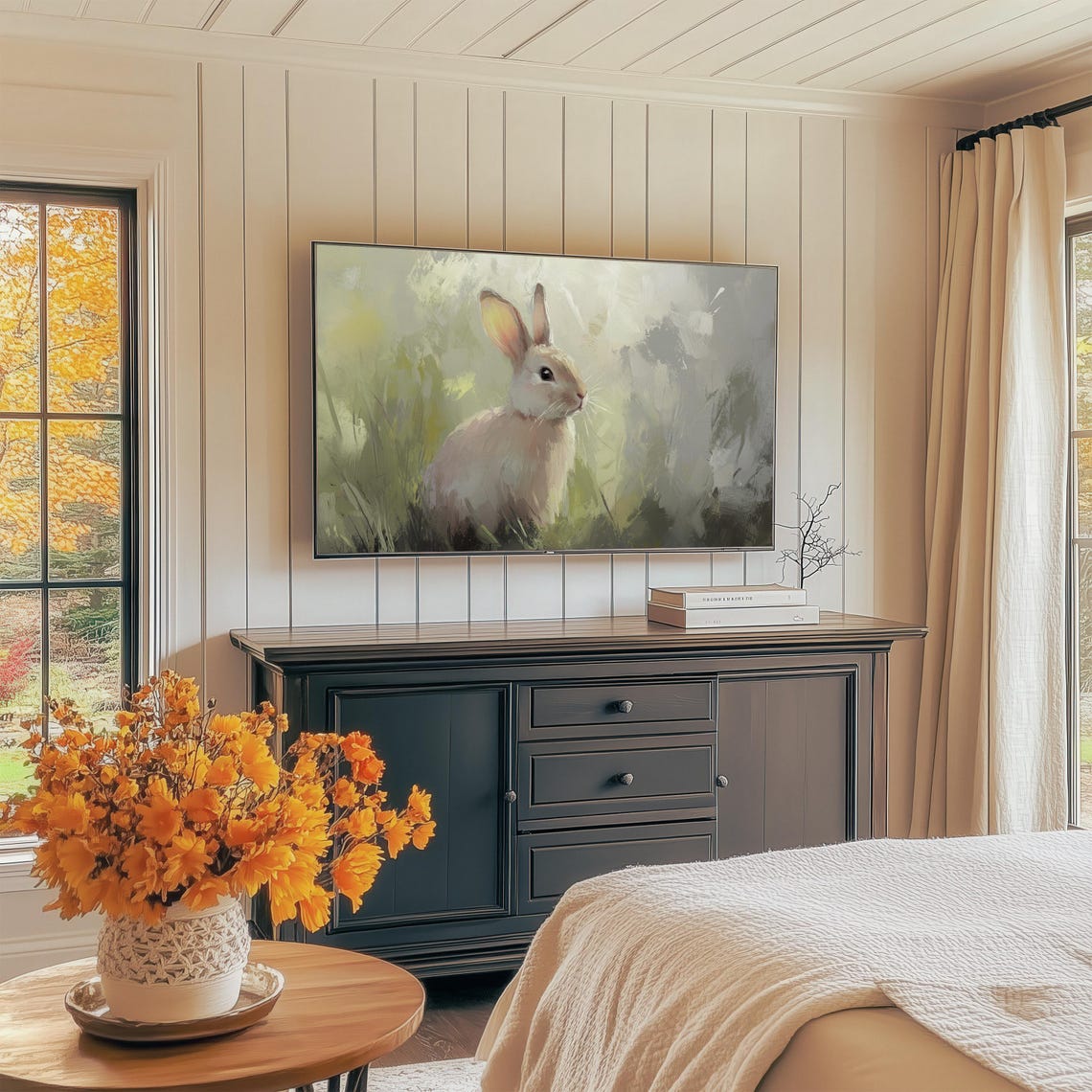Beige Bunny In Sunlit Grass Soft Painterly Rabbit Animal Wall Art - Image 3