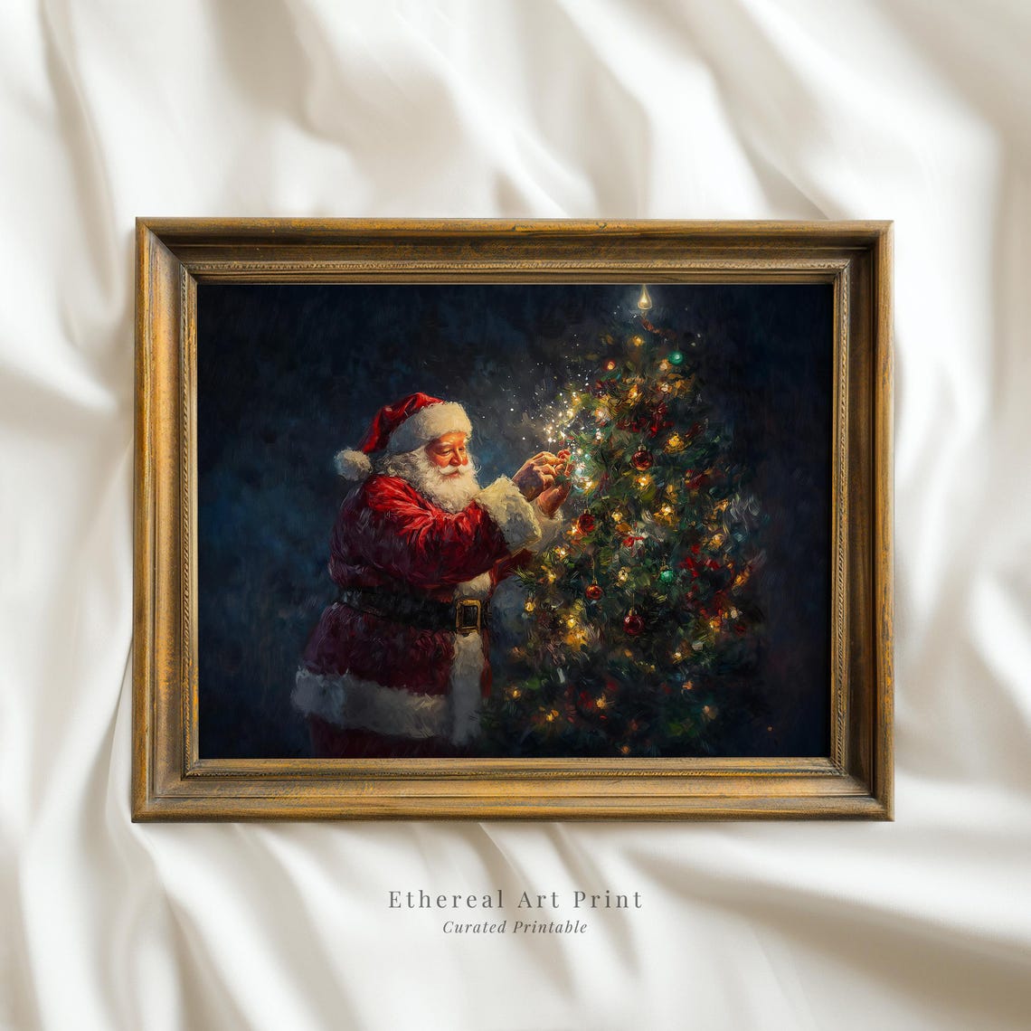 Santa Claus Decorating Christmas Tree Night Oil Painting Wall Art