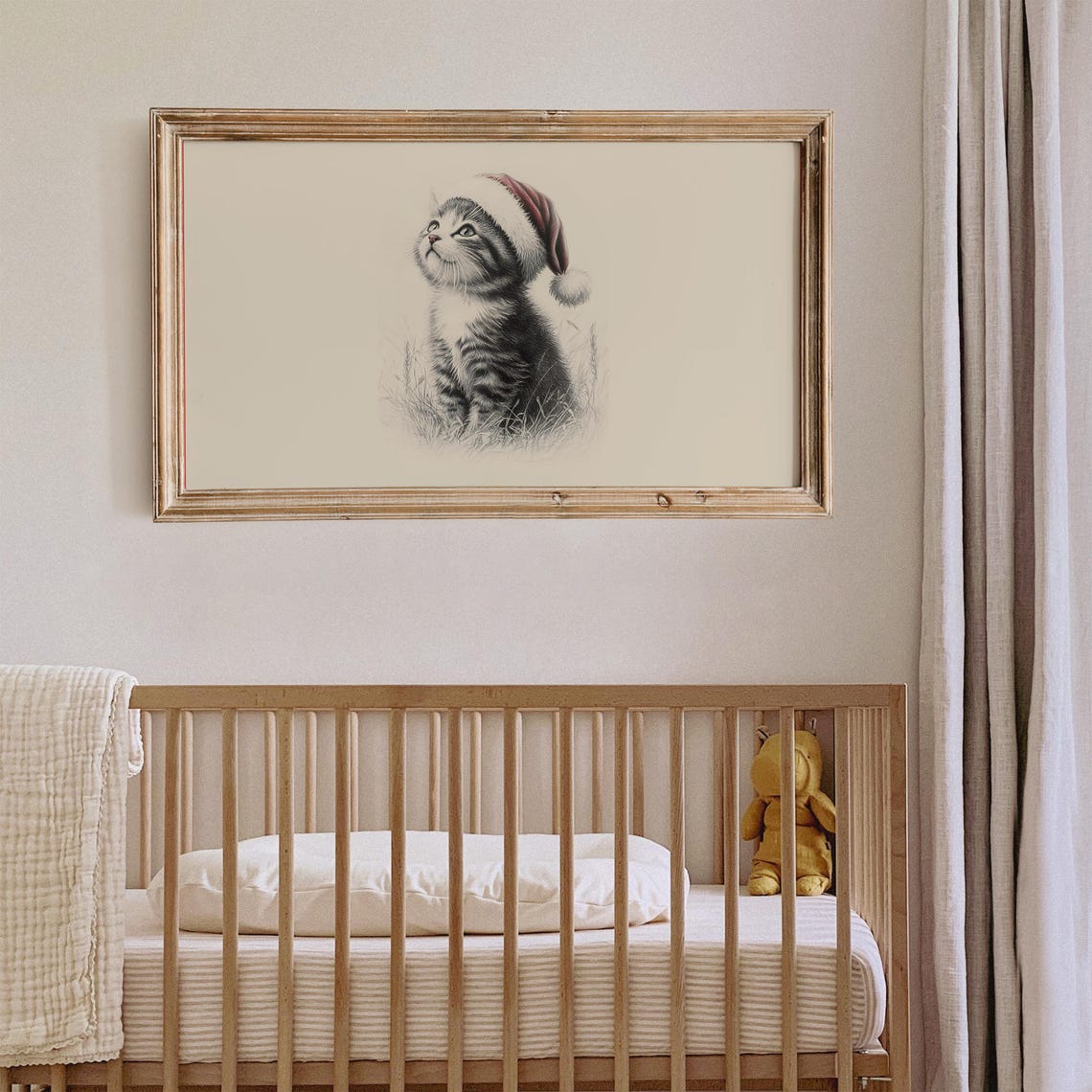 Tiny Kitten Santa Hat Pencil Sketch Minimalist Christmas Wall Art - Image 4