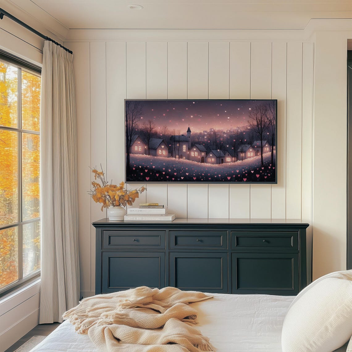 Snowy Village Night With Glowing Hearts Under Pink Sky Wall Art - Image 2