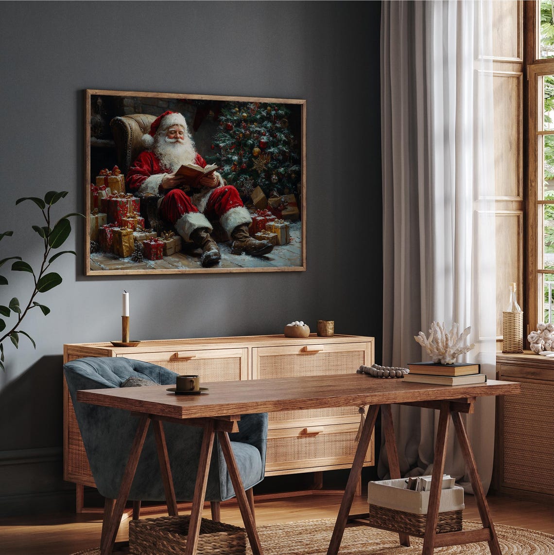 Santa Reading By Christmas Tree Armchair Holiday Painting Wall Art - Image 2