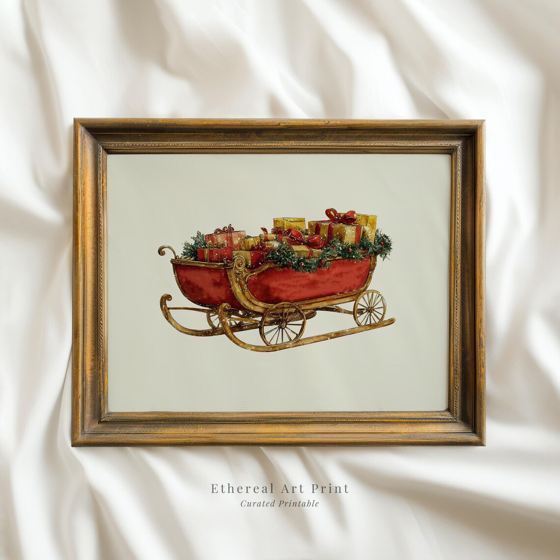 Antique Christmas Sleigh With Gold Trim And Gifts Holiday Art Print