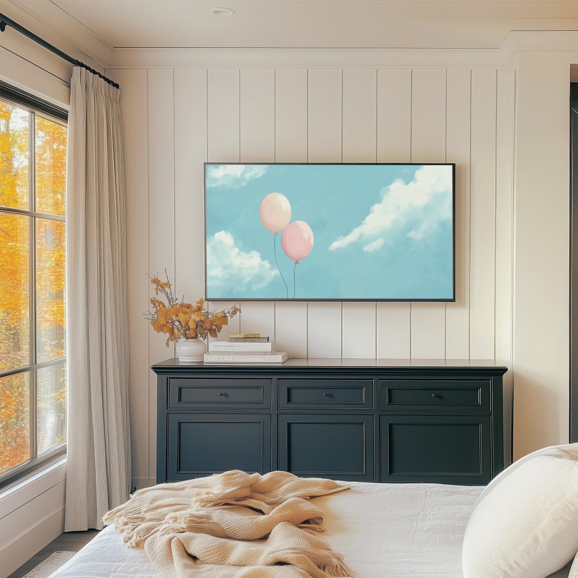 Two Pastel Pink Balloons Floating In Bright Blue Sky Minimal Wall Art - Image 2