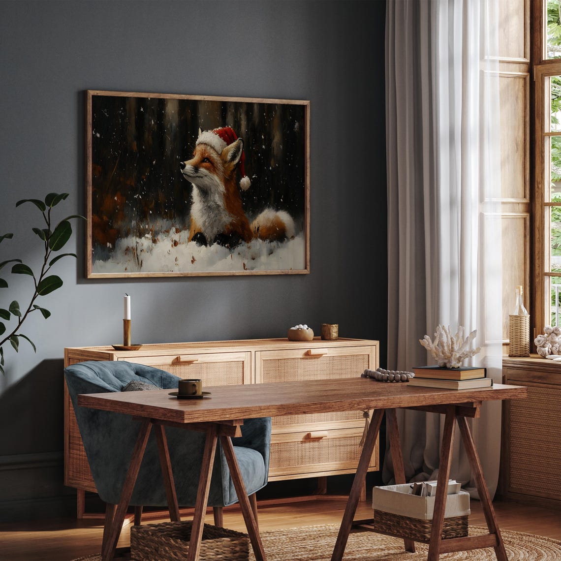 Red Fox Wearing Santa Hat In Snowy Forest Moody Christmas Print - Image 3
