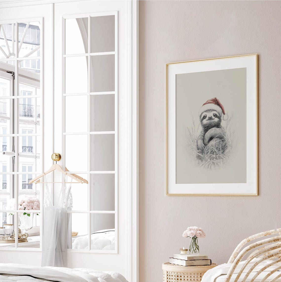 Cute Baby Sloth In Santa Hat Pencil Sketch Neutral Nursery Print - Image 3