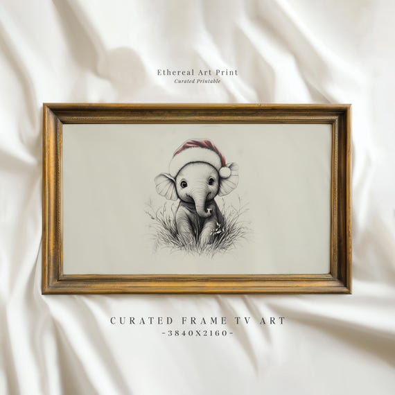 Vintage Elephant With Santa Hat Sketch Frame Tv Art Neutral Christmas Nursery Holiday Decor Cute Baby Elephant Drawing Frame Tv