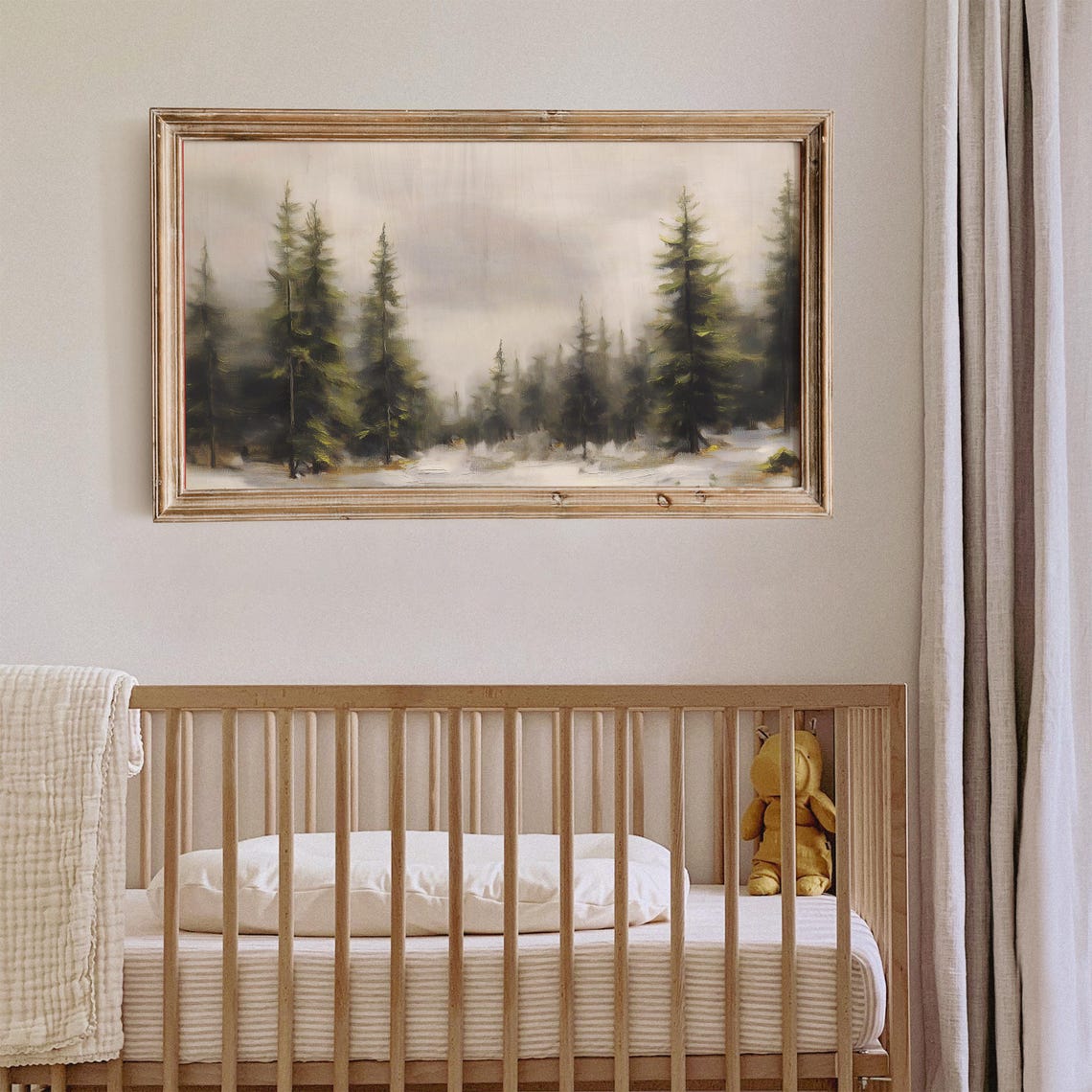 Misty Evergreen Forest Winter Snow Vintage Landscape Wall Art - Image 3
