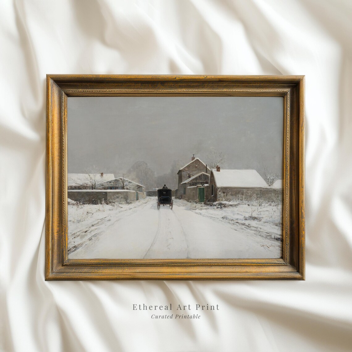 Snowy Village Street Horse Carriage Vintage Winter Painting Print