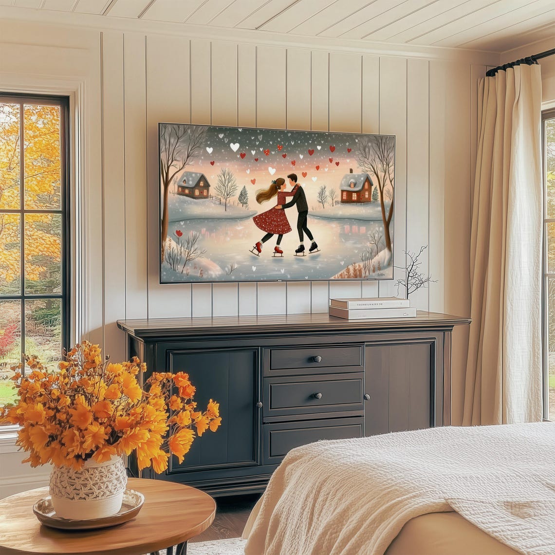 Sweethearts Skating Under Falling Hearts Valentines Tv Art Print - Image 2
