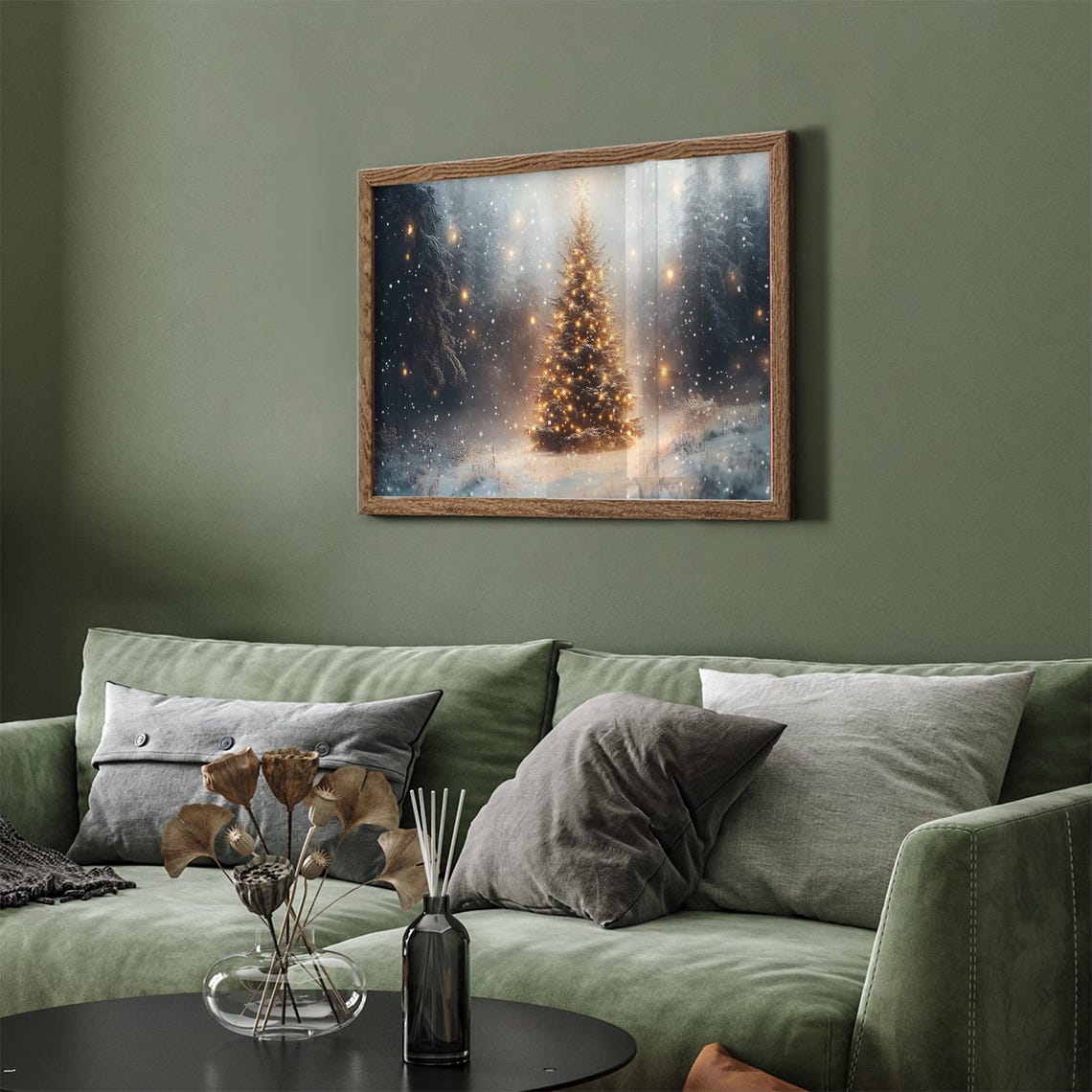Glowing Christmas Tree Lights In Dark Snowy Forest Night Art Poster - Image 4