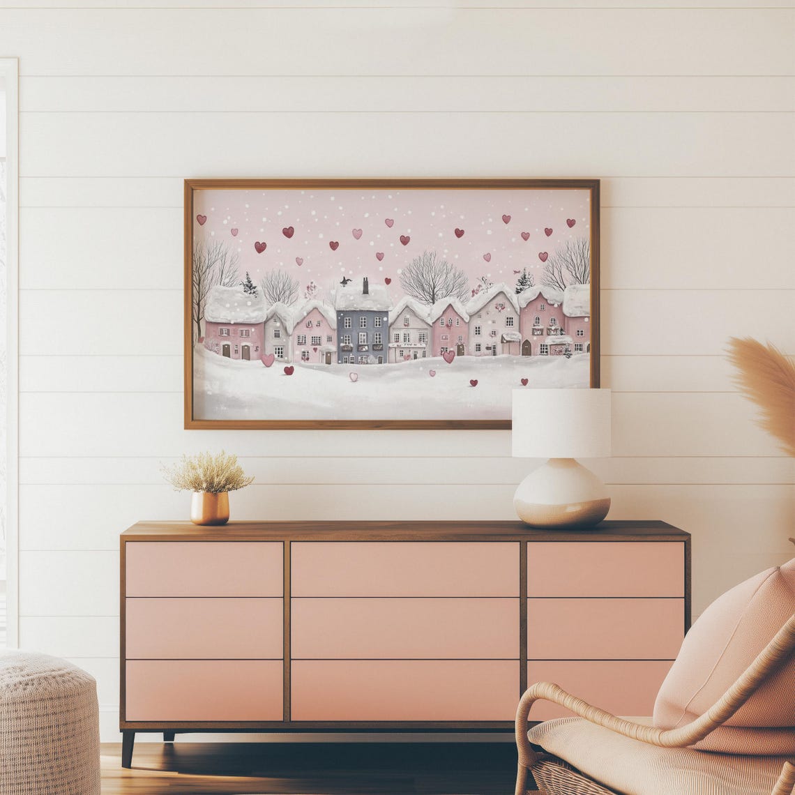 Snowy Pink Village Falling Hearts Valentines Day Frame Tv Art - Image 4