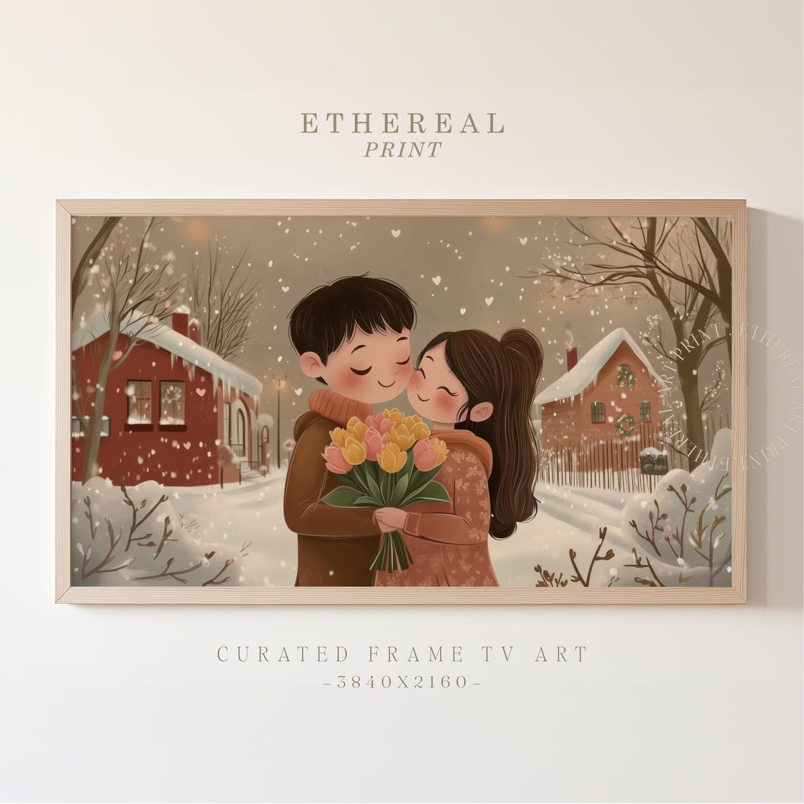 Romantic Couple With Tulips In Snowy Village Night Art Print