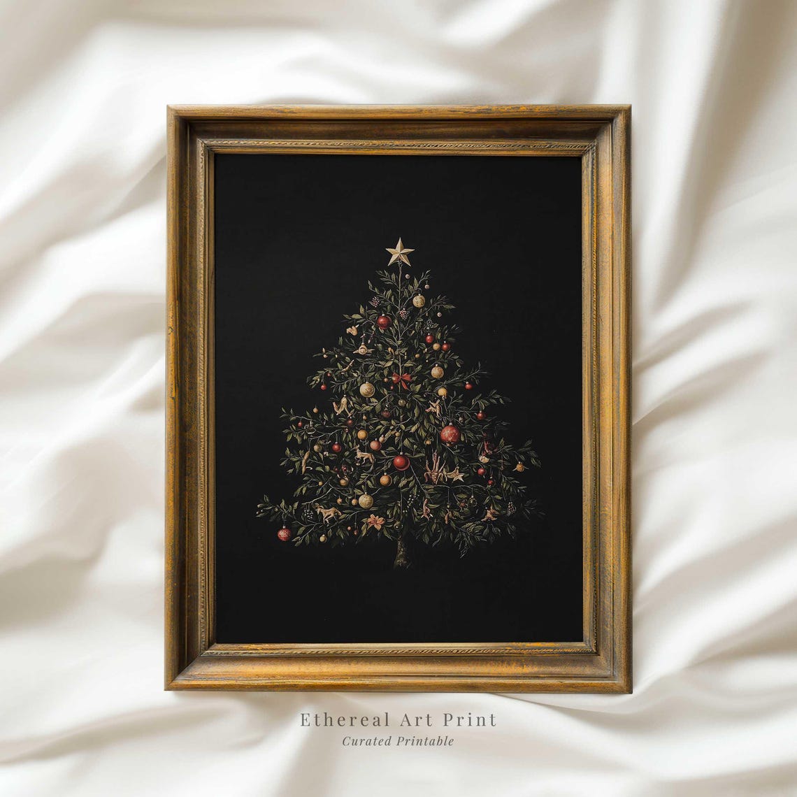 Vintage Christmas Tree Illustration Dark Festive Holiday Art Print