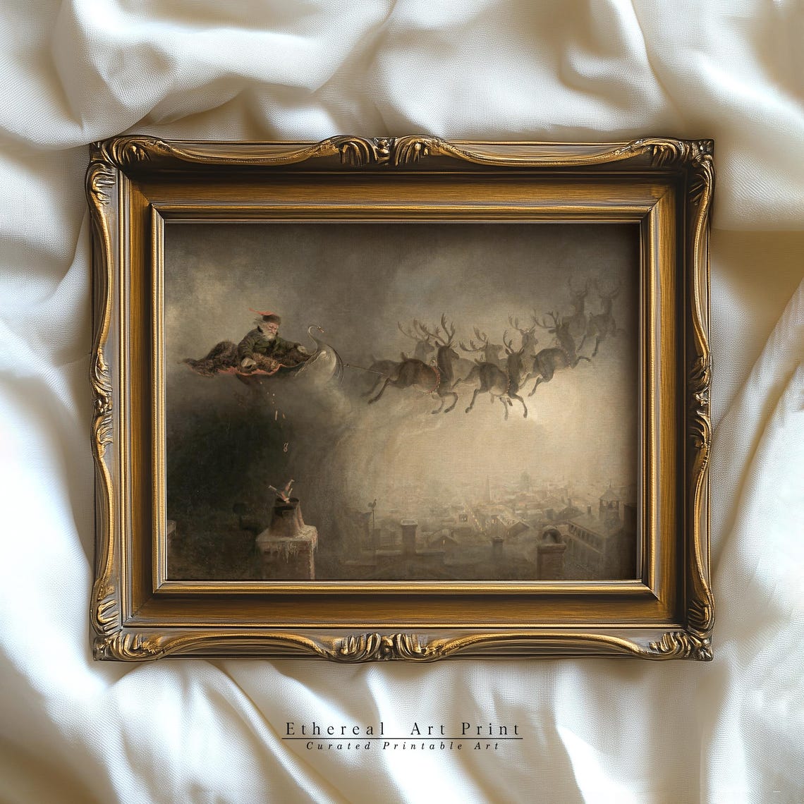 Vintage Santa Sleigh And Reindeer Flying Over Moonlit Town Print - Image 2