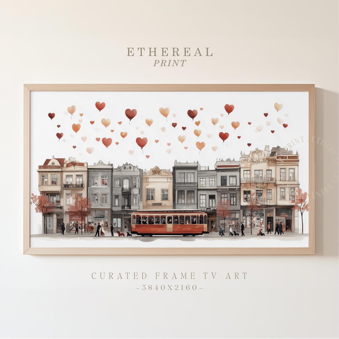 Red Vintage Tram On European Street With Heart Balloons Art Print