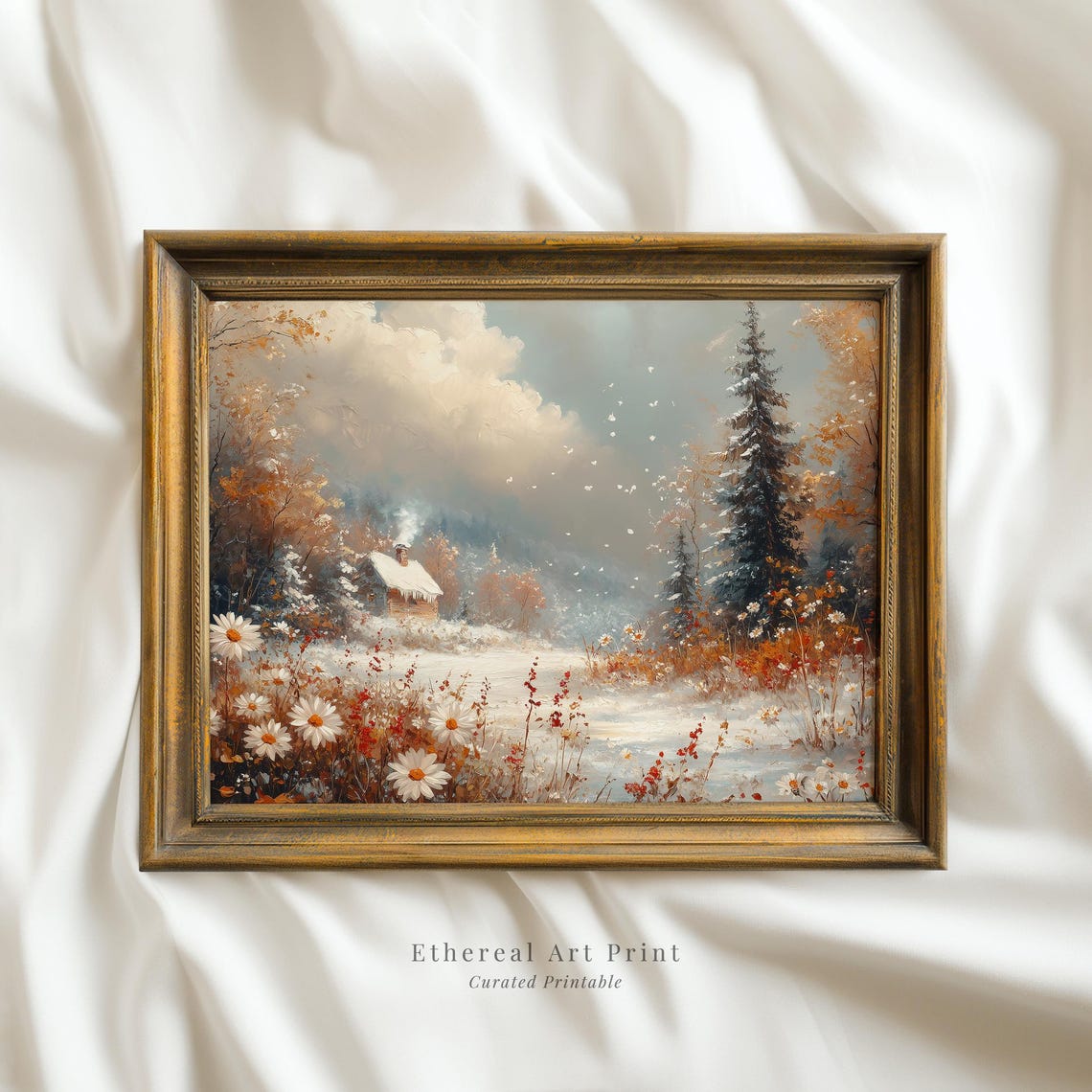 Snowy Cabin In The Woods With Wildflowers Rustic Winter Art Print