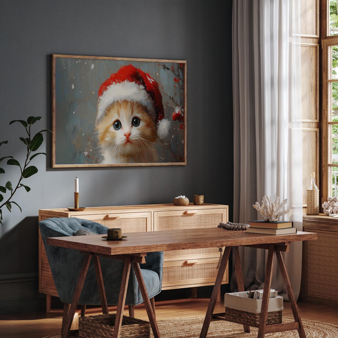 Cute Ginger Kitten Santa Hat Snowy Christmas Portrait Wall Art - Image 3