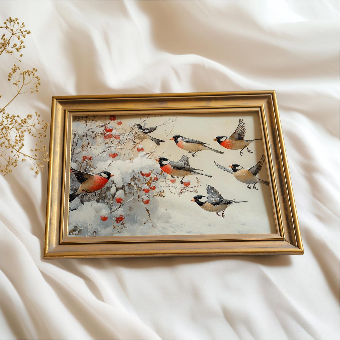 Red Breasted Winter Birds Snowy Berry Branches Painting Wall Art - Image 2