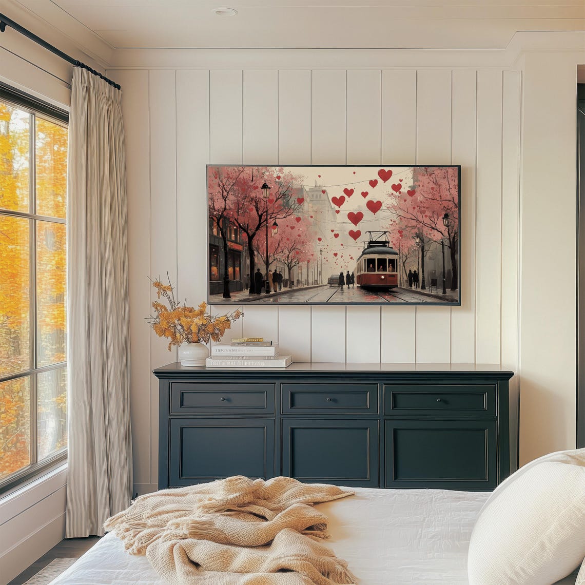 Vintage Tram On Rainy Blossom Street With Floating Hearts Art Print - Image 3