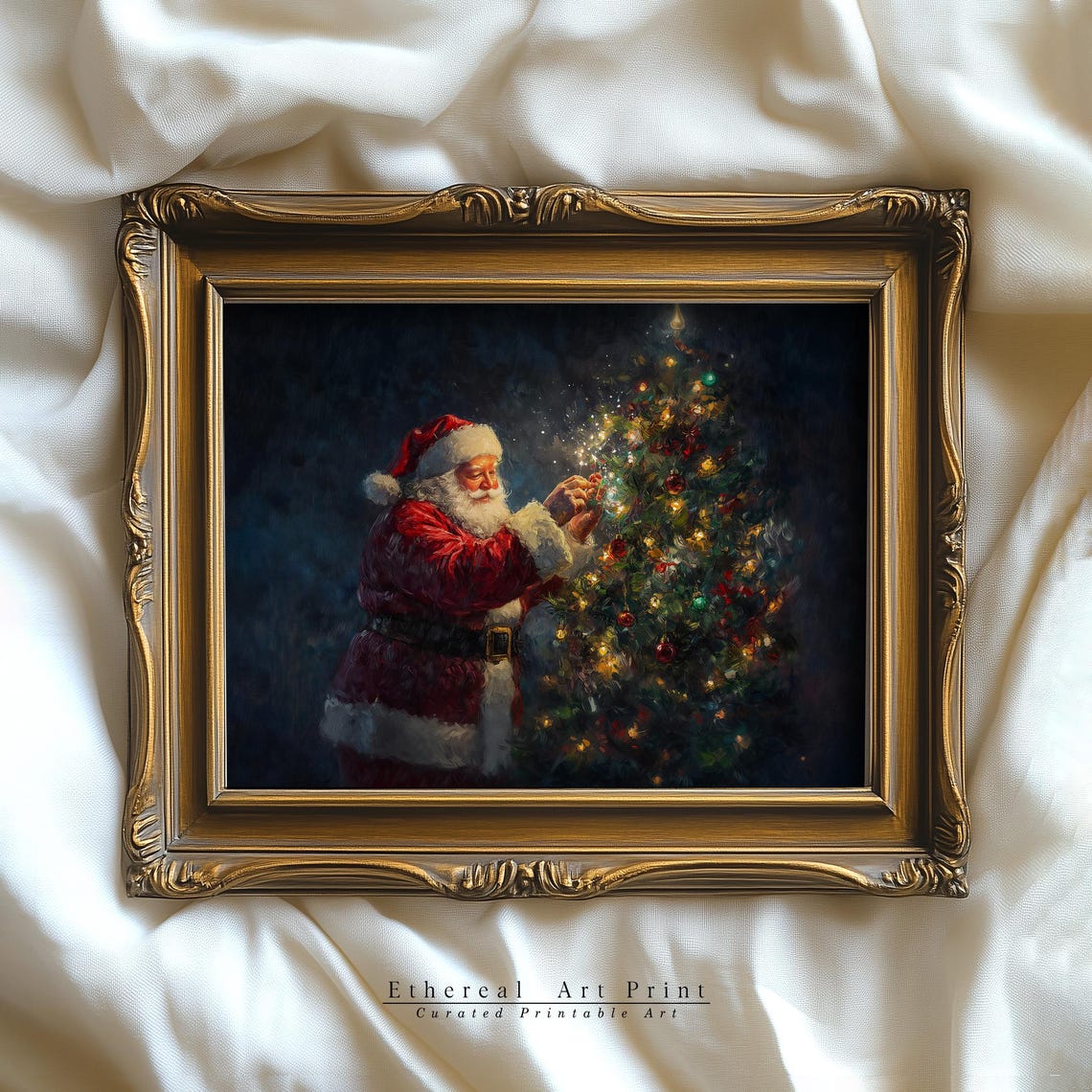 Santa Claus Decorating Christmas Tree Night Oil Painting Wall Art - Image 3