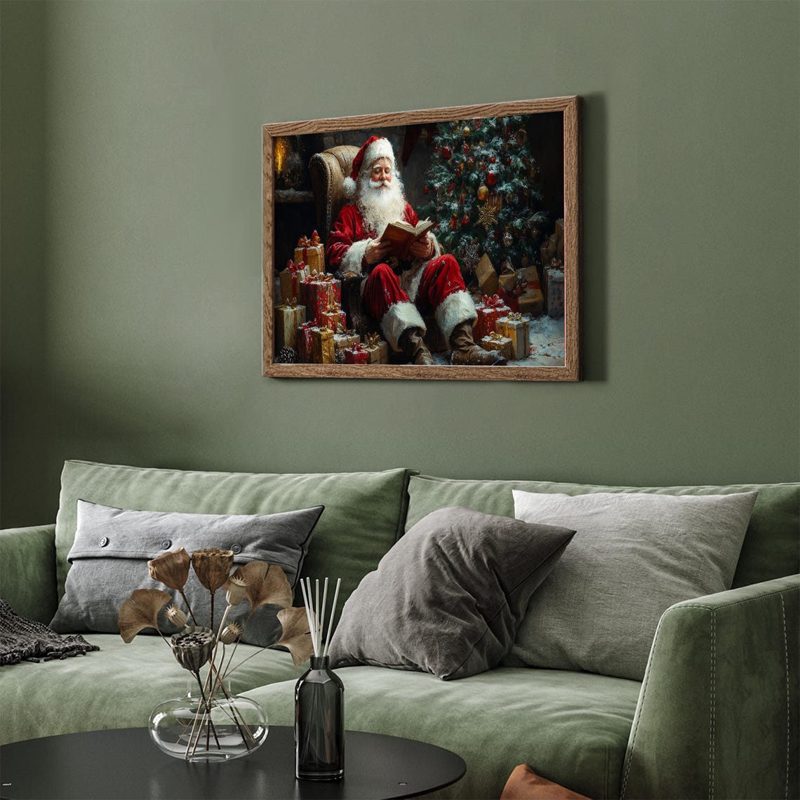 Santa Claus Reading Book By Christmas Tree Cozy Painting Wall Art - Image 3