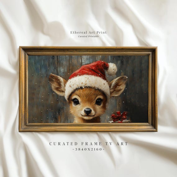 Funny Baby Deer With Santa Hat Frame Tv Art Vintage Christmas Frame Tv Cute Deer Oil Painting Frame Tv Holiday Screensaver Decor