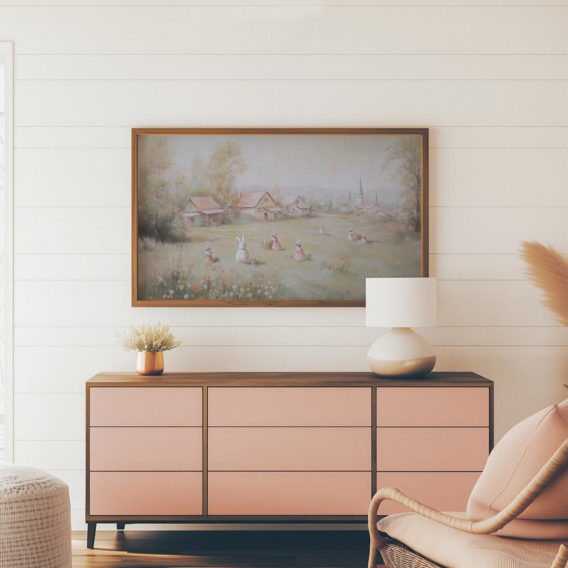Children With Bunnies Easter Meadow Village Pastel Spring Wall Art - Image 4