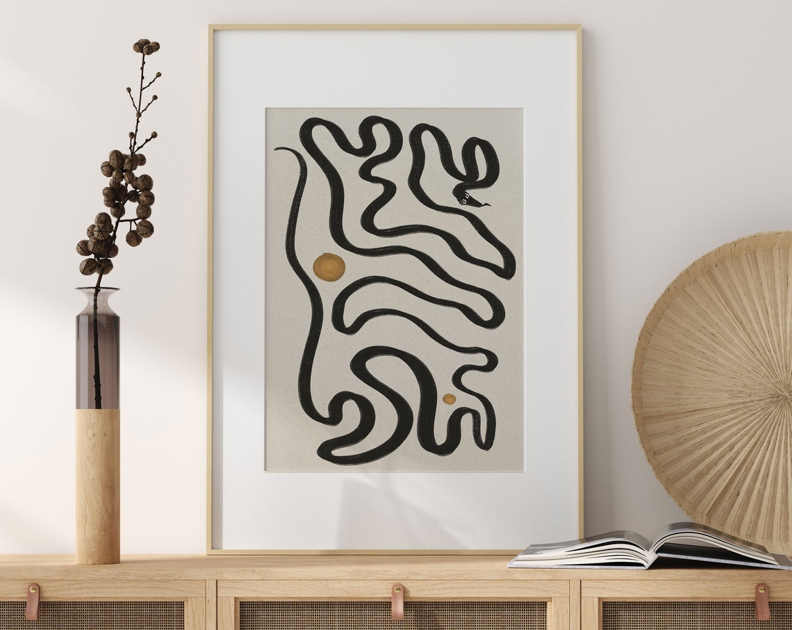 Black Serpentine Snake Lines Gold Dots Abstract Minimalist Art Poster - Image 3