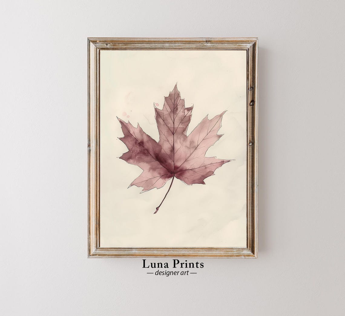 Dusty Rose Maple Leaf Watercolor Fall Foliage Botanical Wall Art