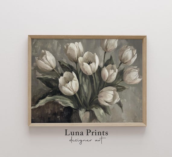 Vintage Tulip Painting Spring Flowers Wall Decor Moody Floral Print Art 114251