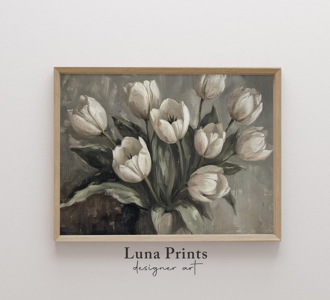 White Tulips Moody Vintage Oil Painting Dark Botanical Floral Wall Art
