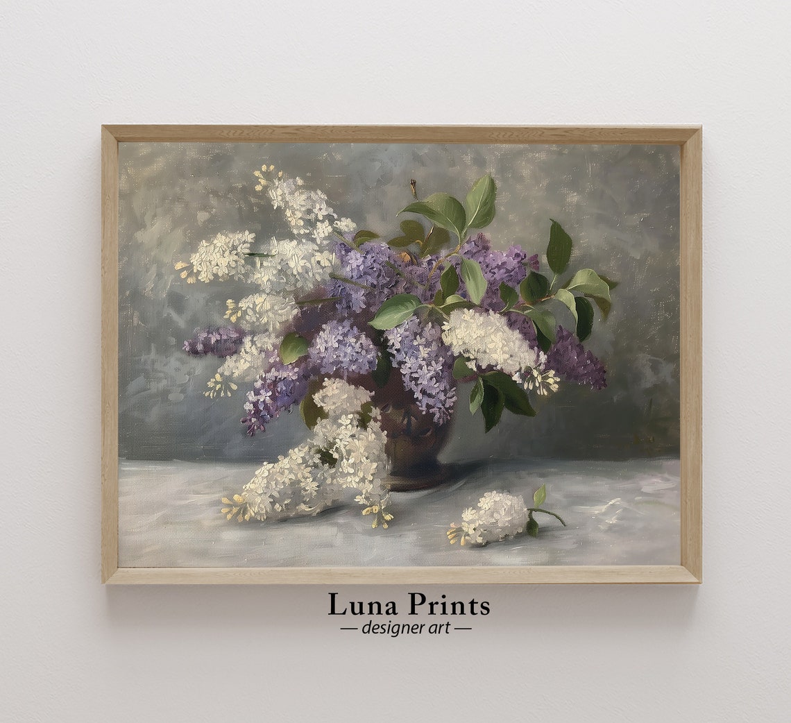 Purple and White Lilac Bouquet Vintage Floral Painting Wall Art