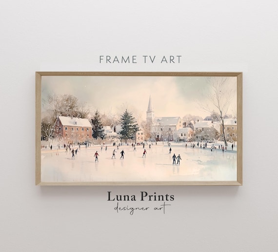 Ice Skating Neutral Christmas Winter Town Art Print