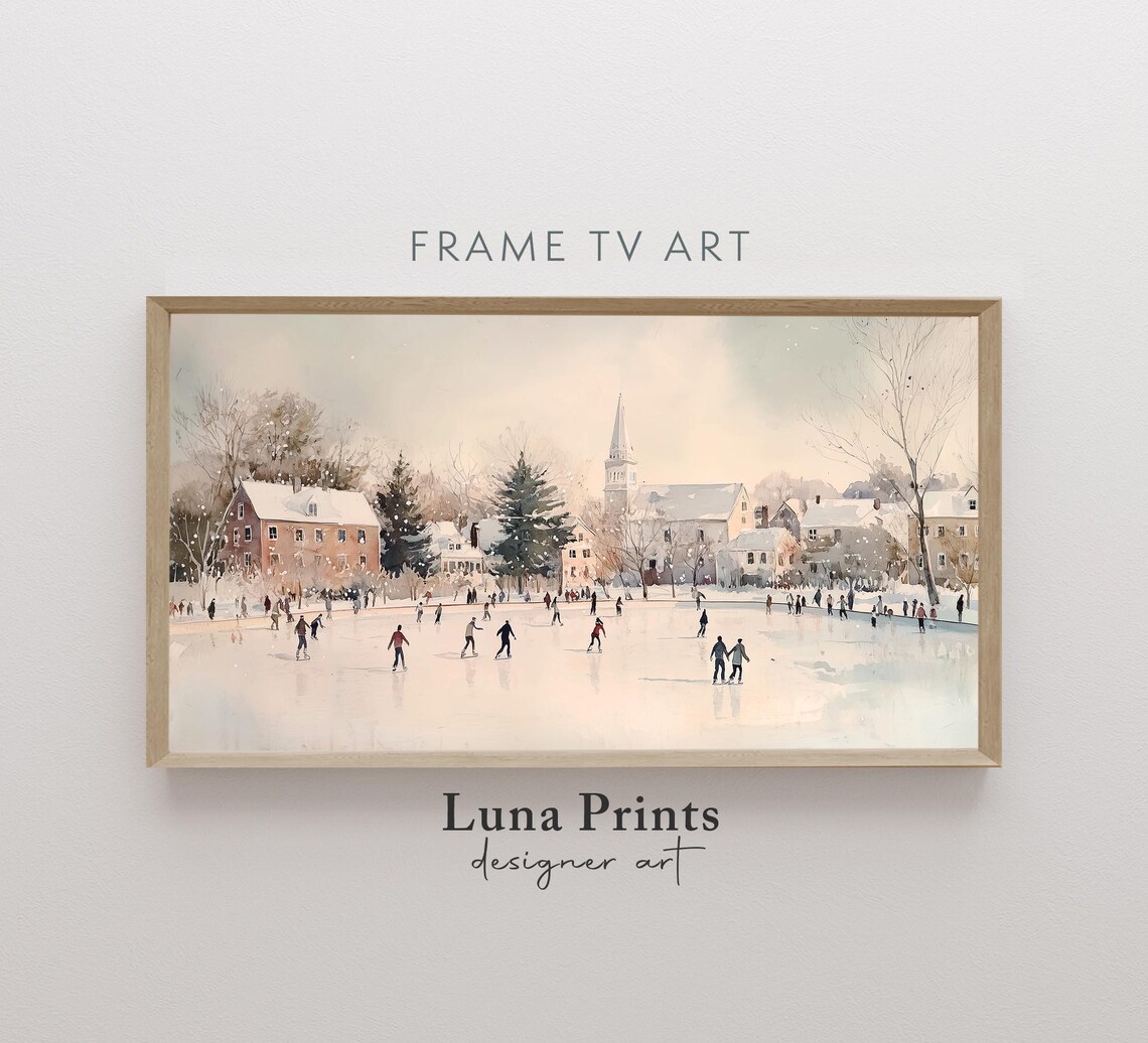 Ice Skating Neutral Christmas Winter Town Art Print