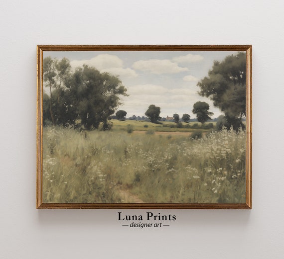 Vintage Landscape Art Trees And Meadow Painting