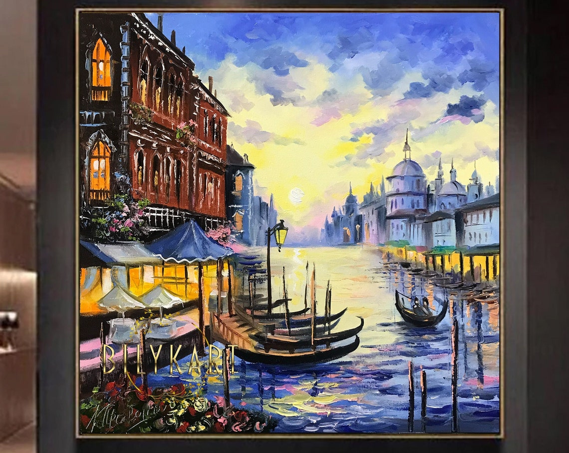 Venice Grand Canal Evening Gondolas Glowing Lights Art Poster