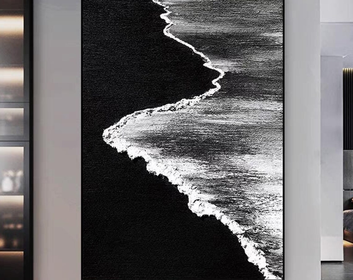 Black White Night Ocean Waves Textured Abstract Seascape Art Poster