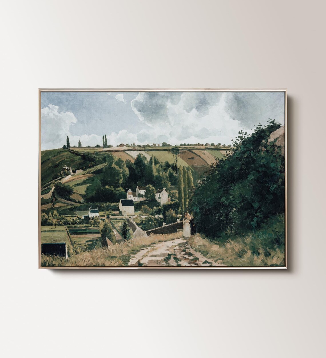 Green Landscape Oil Painting French Country Village Art Vintage Meadows Impressionist Art Gift 023
