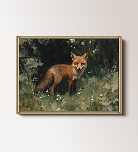 Red Fox Standing in Wildflower Meadow Forest Edge Vintage Art Poster