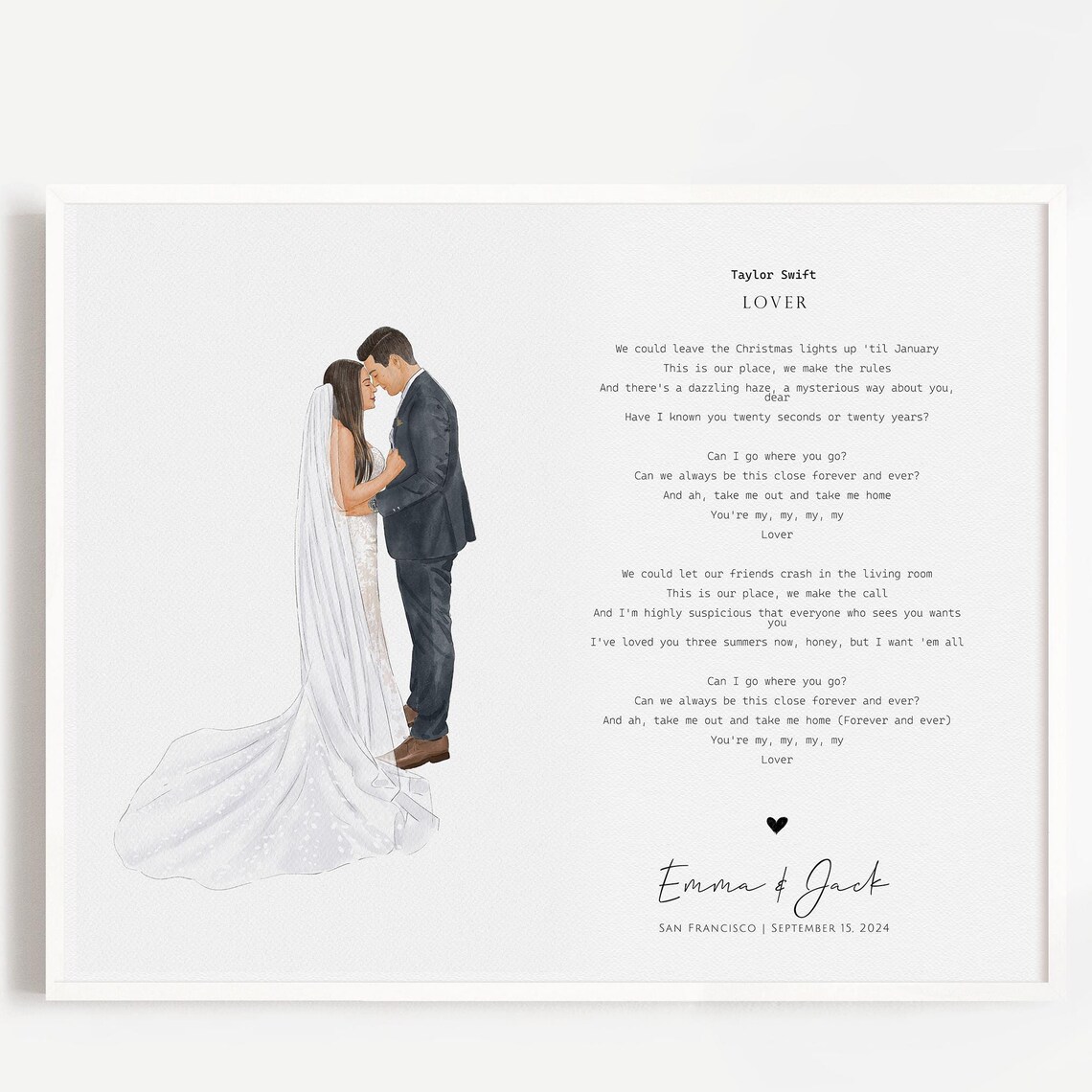 Custom First Dance Song Lyrics Print Wedding Portrait Watercolor Keepsake