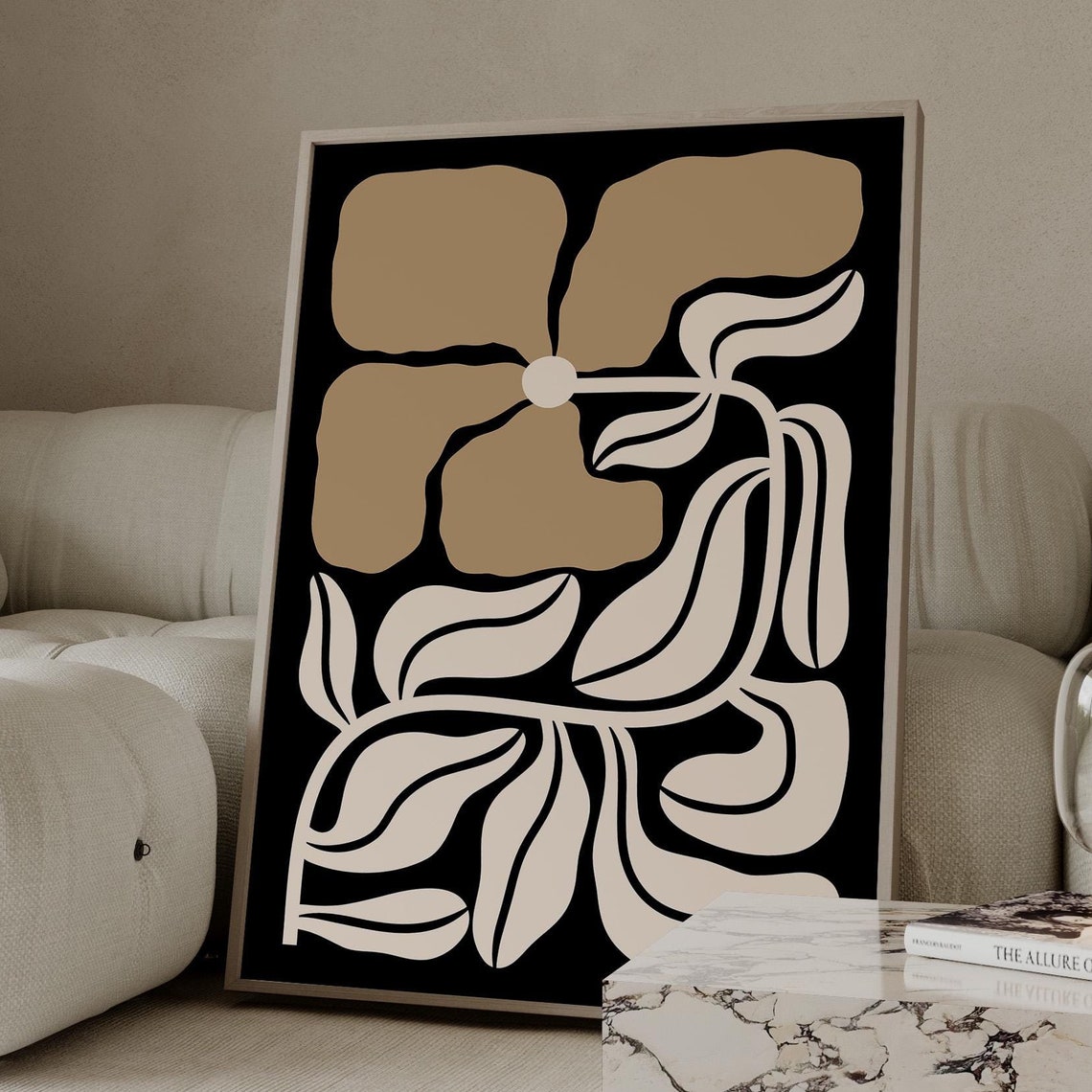Black And Beige Abstract Flower Poster Modern Bold Botanical Design